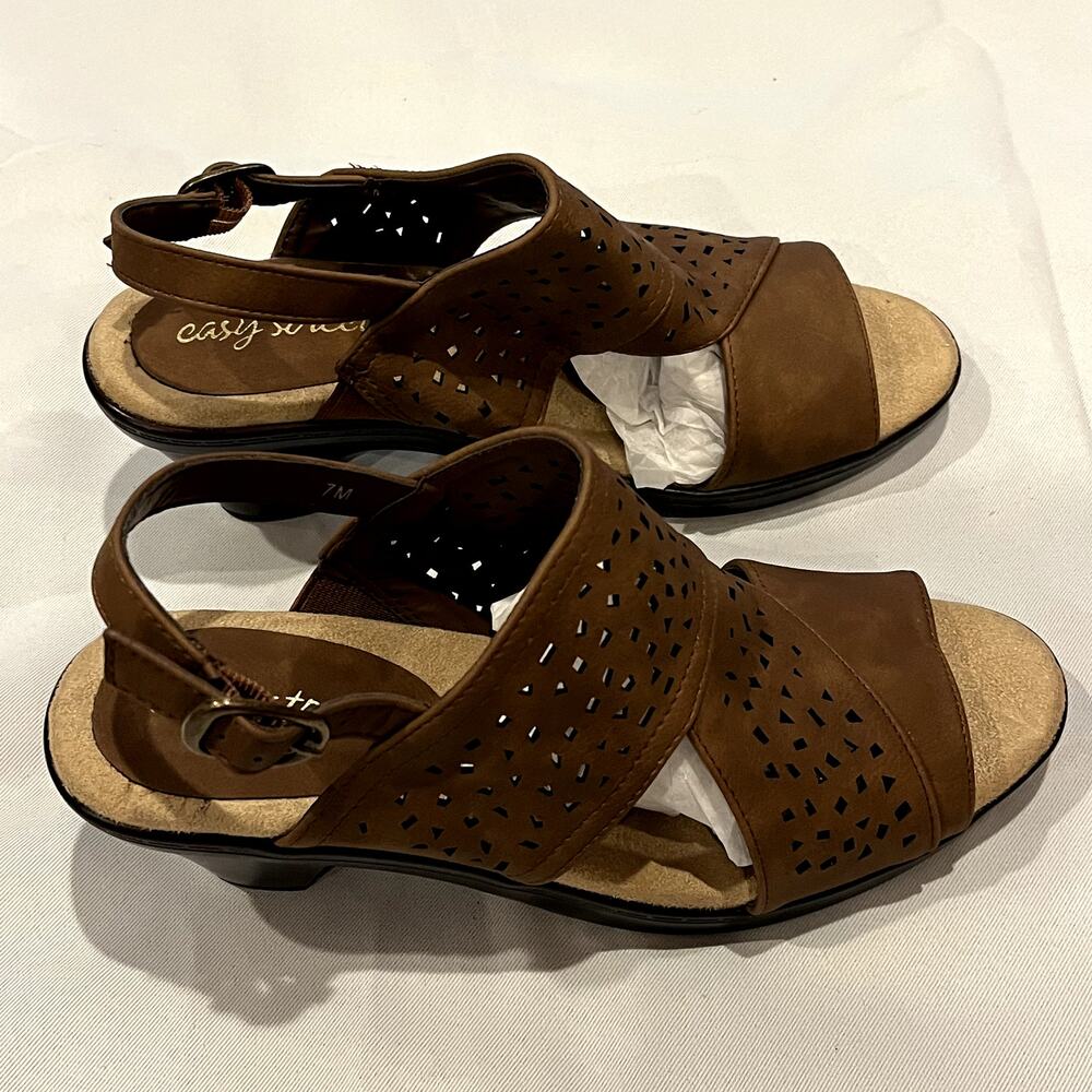 Easy Street Perforated Block Heeled Sandals Charleigh Dark Tan 7M